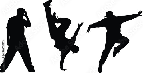 Black silhouettes of hip hop break dancers performing urban street dance moves, handstands, and jumps isolated on a white background.