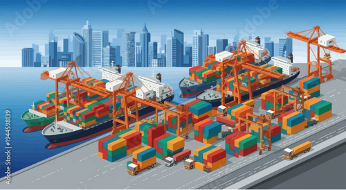 Busy Container Port with Cranes, Ships, Trucks, and City Skyline