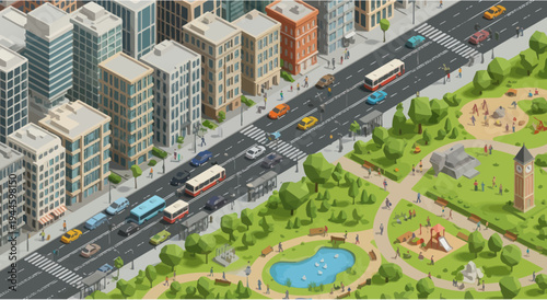 Isometric Cityscape with Busy Road, Park, and Buildings - Urban Life Illustration