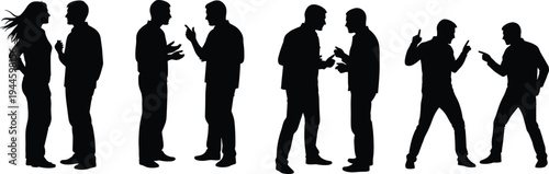 Black silhouettes of people in various poses, men and women talking, arguing, and communicating, set of diverse human interaction figures.