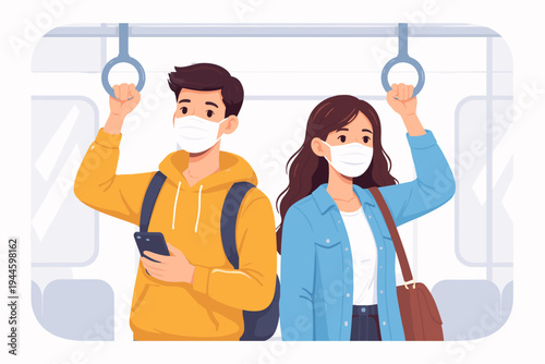 Vector illustration of a young man and woman wearing protective face masks while commuting on public transport like a subway or bus, holding handrails and using a smartphone in a flat style.