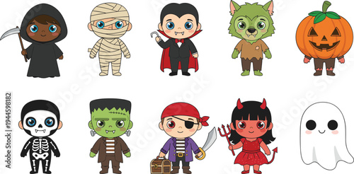 Cartoon children Halloween costumes illustration set, kids dressed as vampire, ghost, skeleton, pumpkin, festive spooky character design