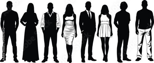 Diverse group of silhouettes in various fashion styles standing together, representing business professionals, casual youth, and elegant evening wear community.