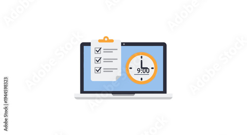 Laptop with Checklist and Clock Display.