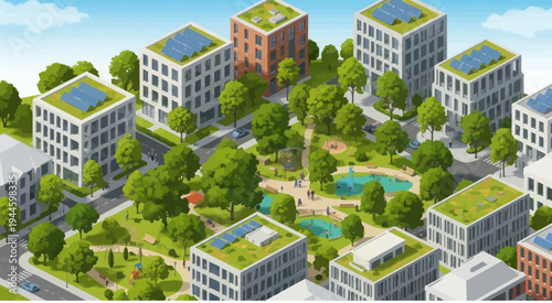 Sustainable Cityscape: Eco-friendly Buildings with Green Roofs and Solar Panels in Park