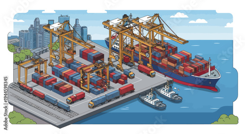 Busy Container Port with Ships, Cranes, and Cargo - Global Logistics and Shipping Illustration