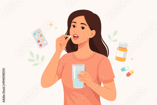 Young woman taking a pill with a glass of water, flat vector illustration of daily medication routine, healthcare concept with medicine bottle, blister pack, and capsules on light background.
