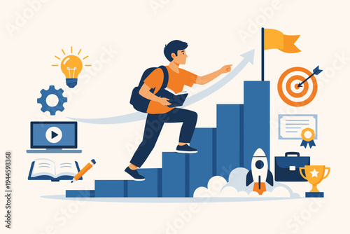 Flat vector illustration of a young man climbing a bar chart staircase to achieve career goals, acquiring new skills through education and learning, with icons for success and growth.