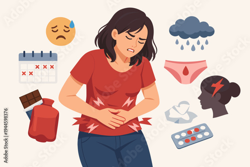 Flat vector illustration of a woman suffering from lower abdomen pain and premenstrual syndrome PMS symptoms including cramps, headache, mood swings, period cycle calendar, and healthcare icons.