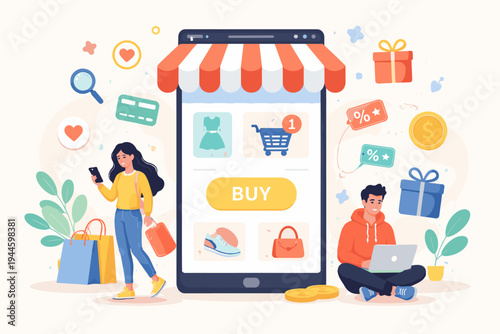 Online Shopping Concept Illustration with People Buying Products via Smartphone and Laptop. Flat Vector Design of Mobile Store with Shop Awning, Buy Button, Discount Tags, Gifts, and Shopping Bags.