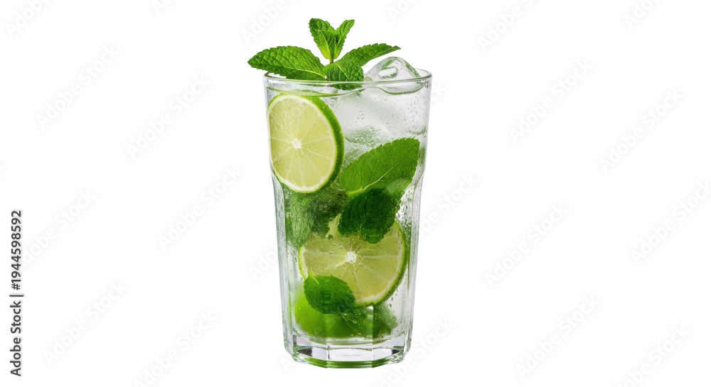 Obraz premium Refreshing mojito cocktail with lime and mint isolated PNG, summer drink with ice cubes on transparent background for party and bar menus