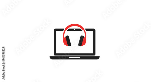 Laptop with red headphones on screen.
