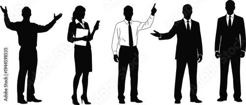 Professional business people silhouettes in various poses including presenting, pointing, and standing, ideal for corporate leadership and team communication concepts.