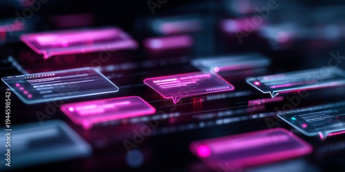 Glowing pink digital elements float in a dark, futuristic space—dynamic and tech-savvy. The soft blur and vibrant hues convey innovation, connectivity, and digital fluidity.