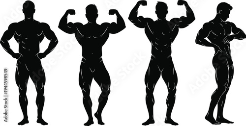 Muscular Bodybuilder Silhouettes Posing Set, Athletic Men Showing Biceps and Chest Muscles, Fitness and Gym Workout Icons Isolated on White Background