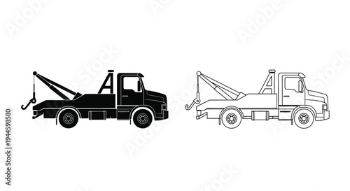 Two tow truck illustrations one solid black one outlined in white