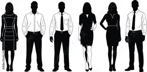 Silhouette of diverse professional business people standing in a row, corporate team members, office employees group, men and women in formalwear.