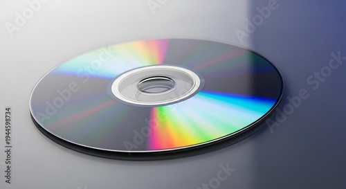 Reflective optical disc, capturing light spectrum, on a gradient surface, side view, close up
