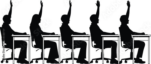 Silhouette of diverse students or business people sitting at desks raising hands to ask questions in a classroom or seminar