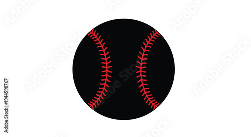 A graphic illustration of a black baseball with red stitching details