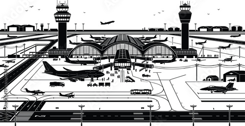 Busy international airport terminal hub with multiple airplanes air traffic control towers and ground service vehicles vector silhouette