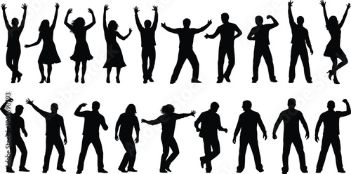 Silhouetted group of happy people dancing and celebrating in various energetic poses, set against a clean white background for design.