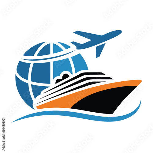 Icon depicting global travel by air and sea with stylized airplane and cruise ship.