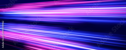 Bright straight light rays extend through an abstract night space, creating a tunnel of glowing energy. Smooth gradients add visual depth. A modern digital technology background.