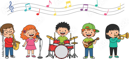Cartoon children music band illustration, kids playing instruments and singing, cheerful performance scene, educational teamwork clipart design
