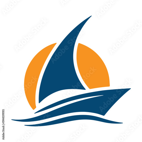 Sailing boat with a sunset sail emblem on a calm sea backdrop