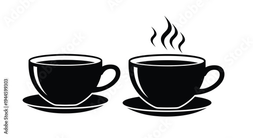 Two black cups of coffee with steam presented in a simple graphic style