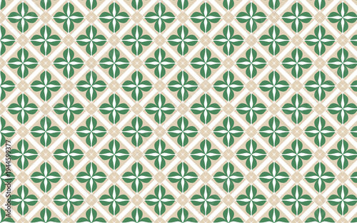 Seamless geometric floral lattice pattern with green leaves and diamond grid
