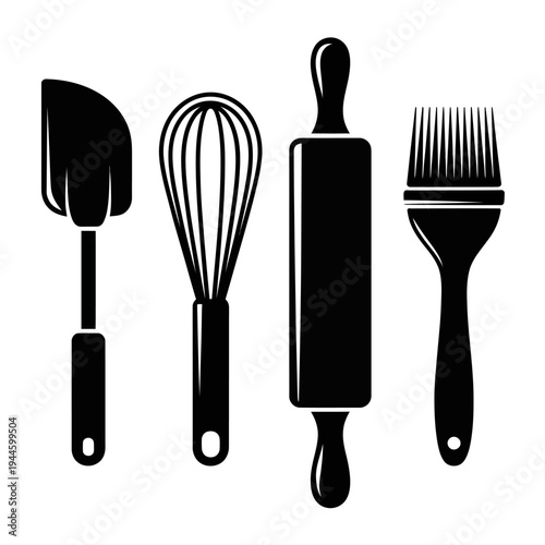 Kitchen utensils icons including spatula whisk rolling pin brush