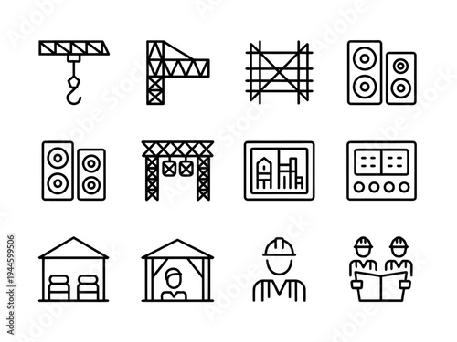 Construction site icons with workers and industrial equipment and speakers  various symbols