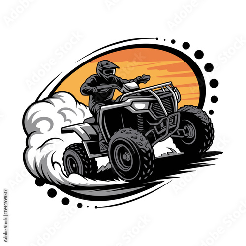 Man riding ATV quad bike in dust cloud at sunset  action sports vehicle