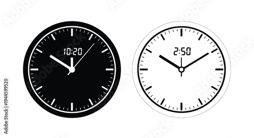 Two analog clocks displaying different times in black and white