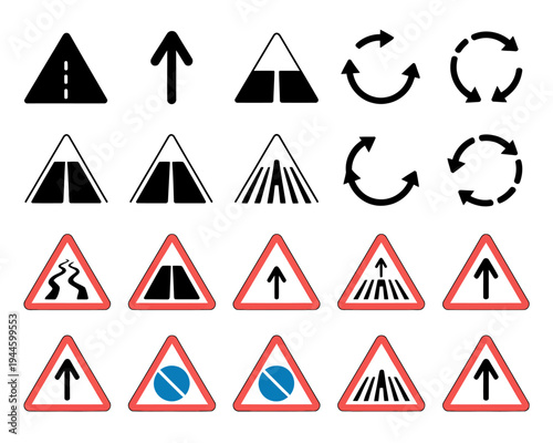 Road traffic signs and symbols for navigation and direction  various warning and information icons