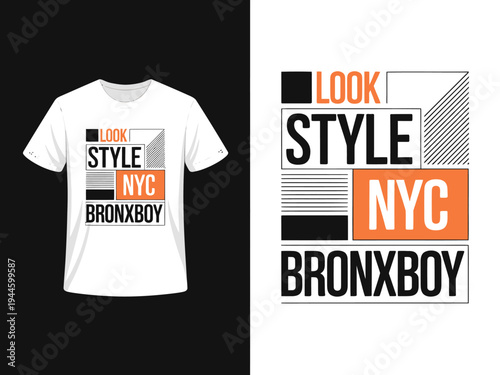 T shirt design with look style NYC Bronxboy typography and geometric shapes on white