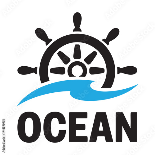 Black and white ship wheel logo with ocean wave and text ocean