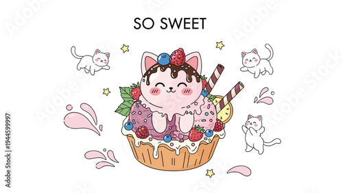 Pink cat themed ice cream sundae bowl with real kittens playing around it for a sweet and whimsical celebration.