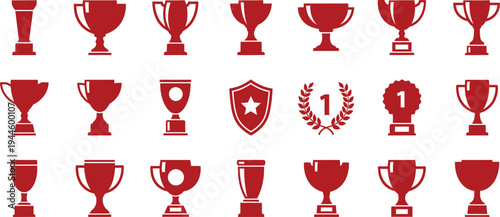 Set of 24 Red Trophy and Award Icons Vector Collection for Achievement, Success, and Competition Recognition, Ideal for Web, UI, and Print Design