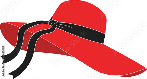 Elegant red wide brim sun hat with stylish black ribbon bow, summer fashion accessory for beach and outdoor activities, isolated vector illustration on white background