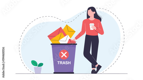 Email cleanup concept with woman deleting spam messages in trash folder, inbox management and digital communication organization vector illustration
