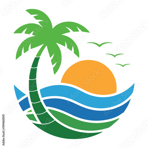 Tropical scene featuring a palm tree, sun, and ocean waves with birds flying.