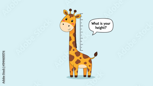 Cute giraffe standing next to a height scale asking about measurements in a speech bubble for a kids bedroom decoration.