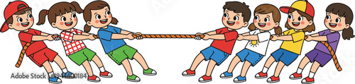 Cartoon children tug‑of‑war illustration, kids playing outdoor group game, teamwork and competition, cheerful physical activity clipart design