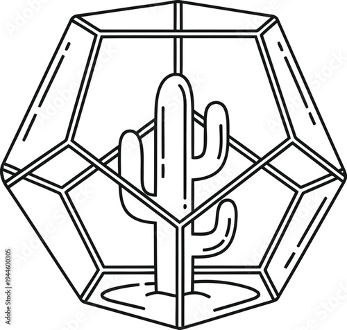 Simple line drawing of cactus in a glass terrarium container