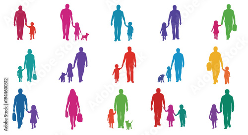 Colorful silhouettes of families walking together depicting diverse relationships