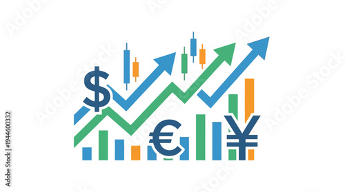 Illustration of financial market growth with currency symbols and upward trending graphs.