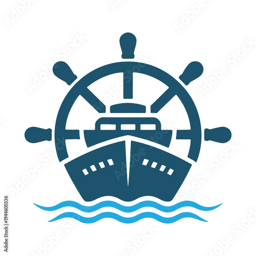 A stylized illustration of a ship's wheel controlling a vessel on calm waters